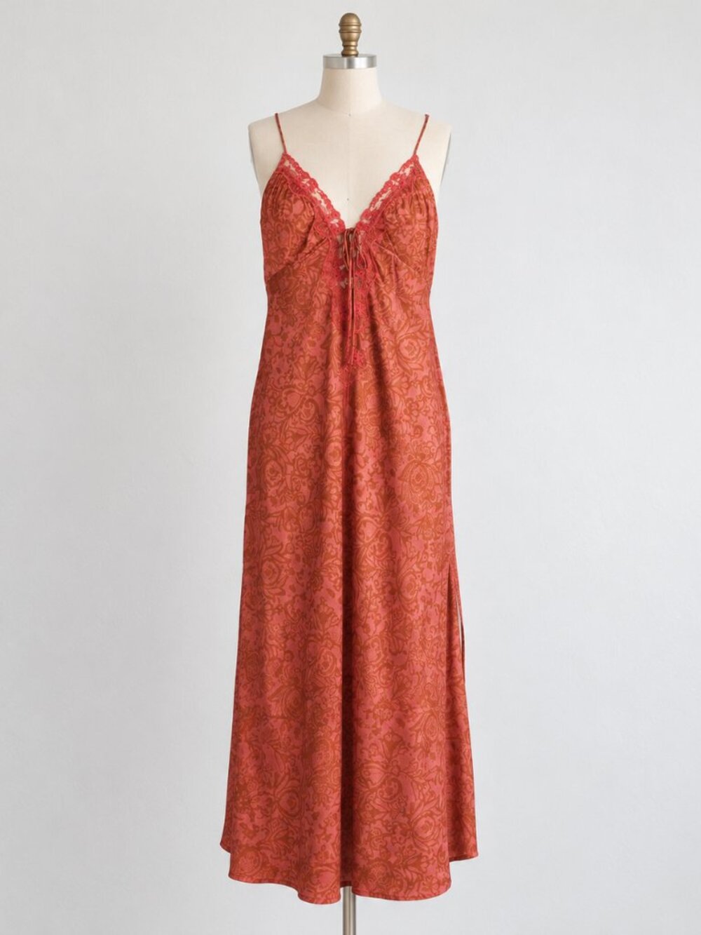 Free People Intimately Coral Paisley Lace Trim Maxi Slip Dress Size L NWT